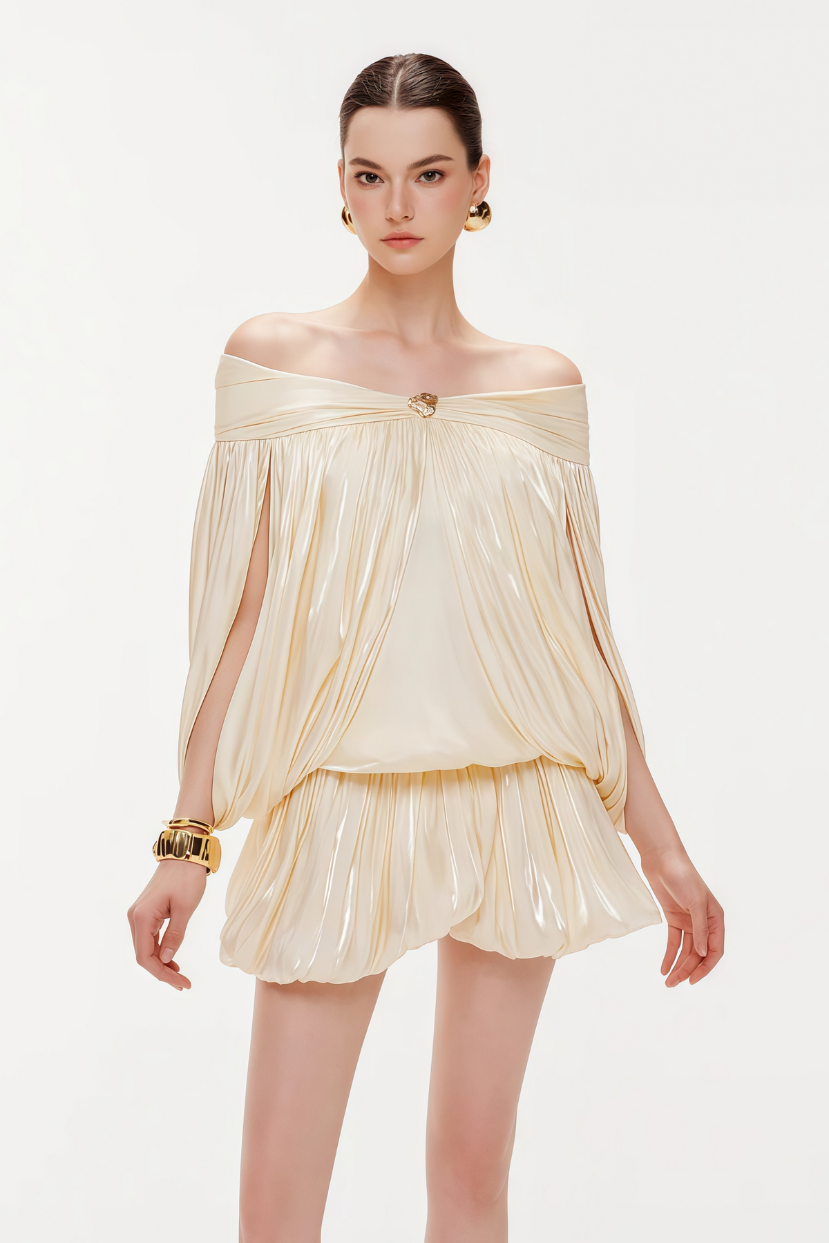 Shayla Neutral Asymmetrical Shirred Glossy Mini Dress