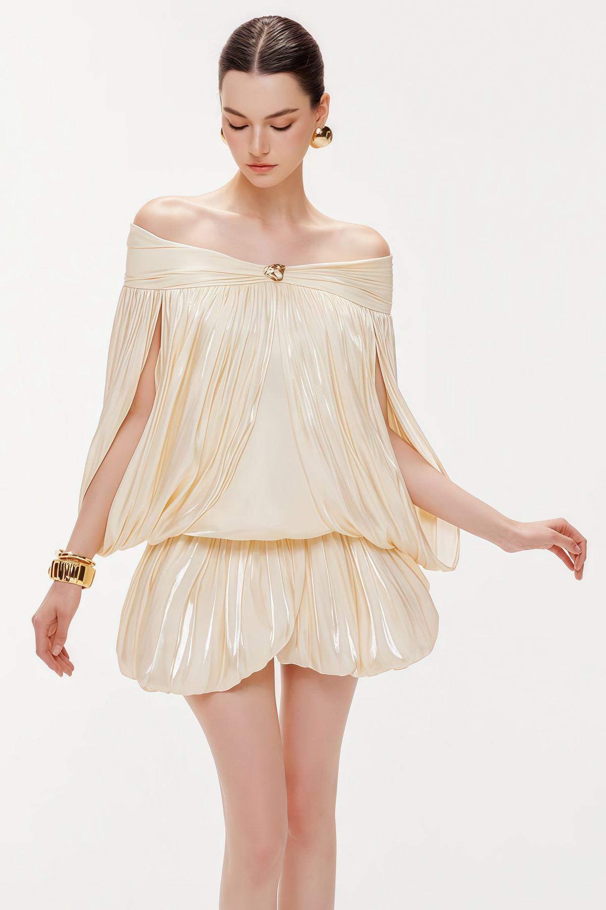 Shayla Neutral Asymmetrical Shirred Glossy Mini Dress