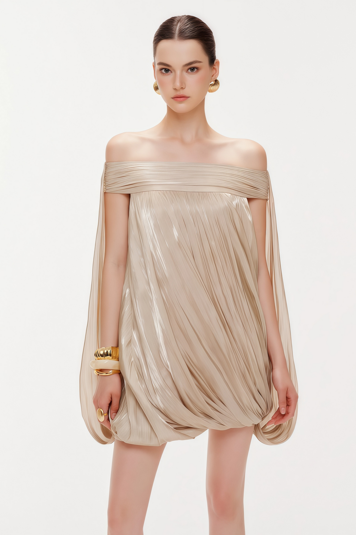 Anastasia Neutral Draped Glossy Mini Dress