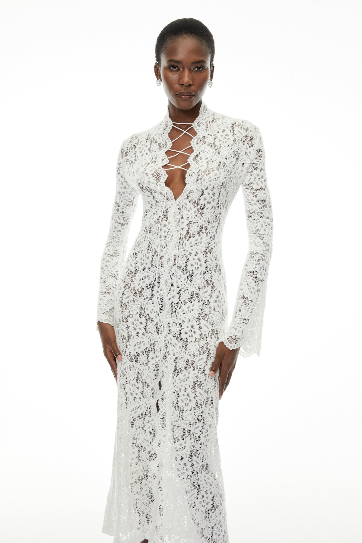 Maëlys White Floral Lace Plunge Neck Maxi Dress