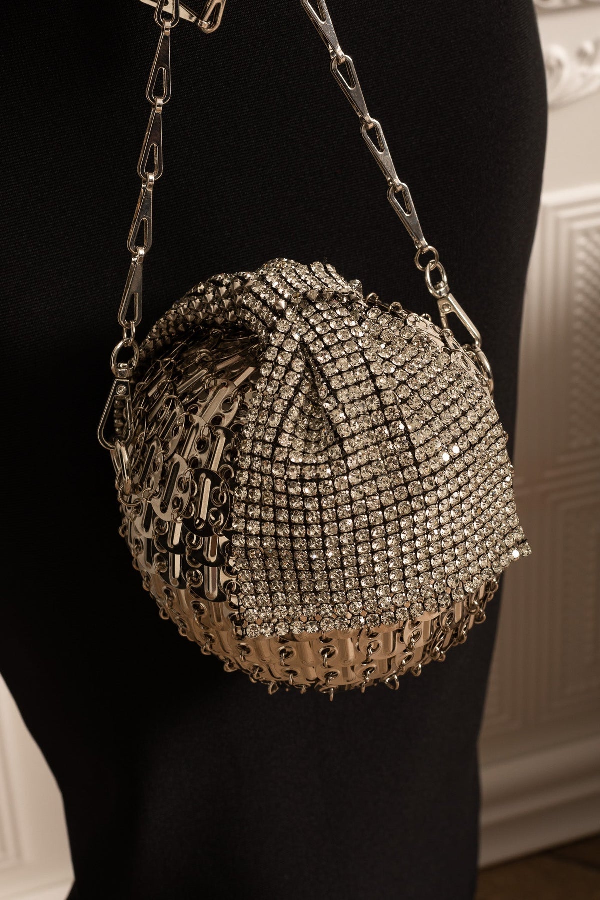 Spherical Metallic Handbag With Shimmering Embellishments - Silver