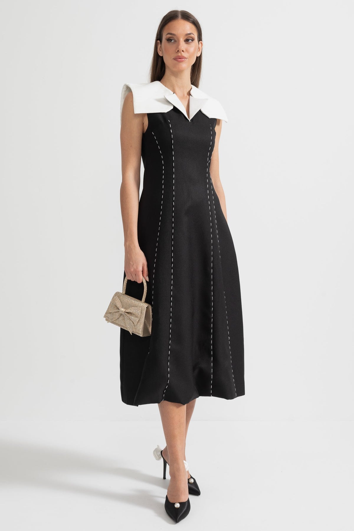 Contrasting Stitch Sleeveless Midi Dress With Oversized White Shoulders - Black
