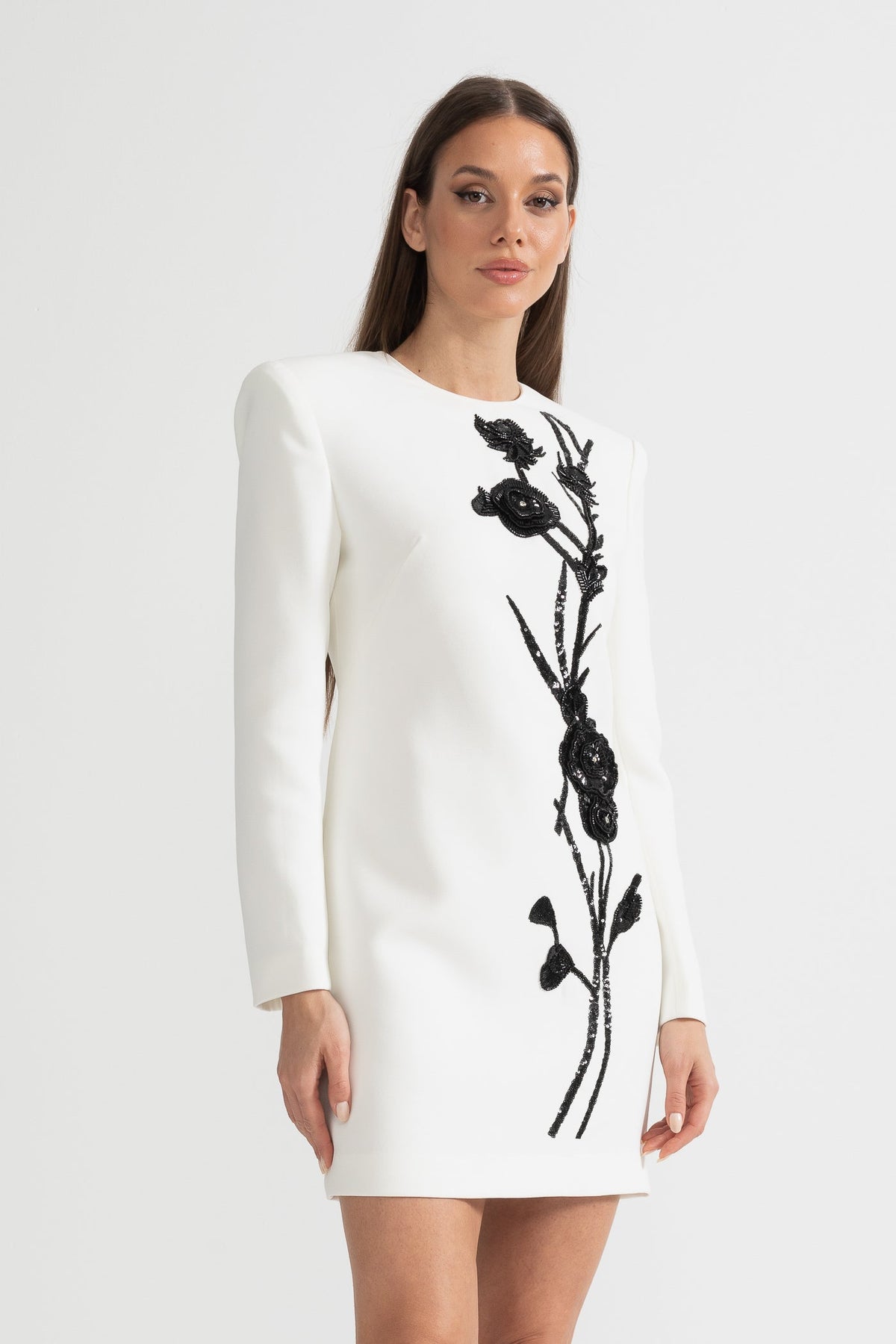 Long Sleeved Mini Dress With Contrasting Floral Embroidery - White