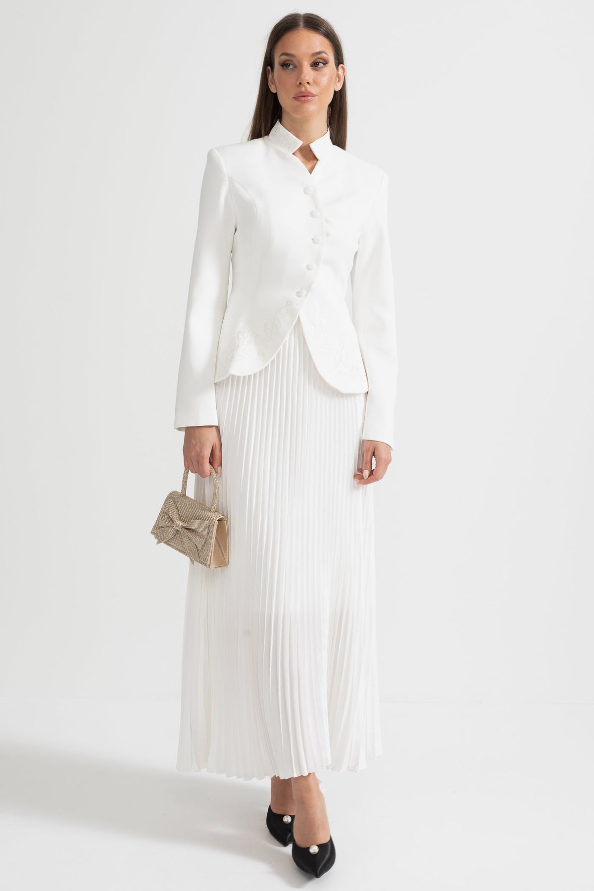Pleated Skirt and Structured Jacket Co-Ord Set With Decorative Stitching - White
