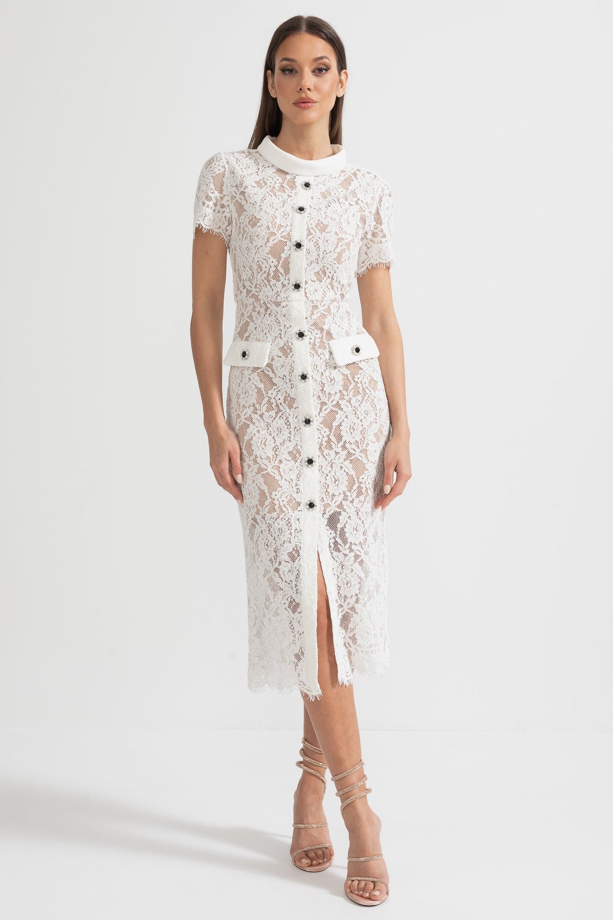 Elegant Short Sleeve Lace Dress With Matching Waist Belt - White