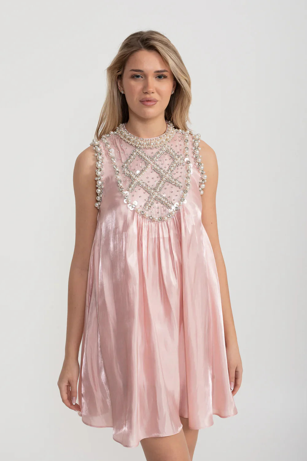 Elegant A-Line Sleeveless Dress With Intricate Pearl And Crystal Embellishments - Pink