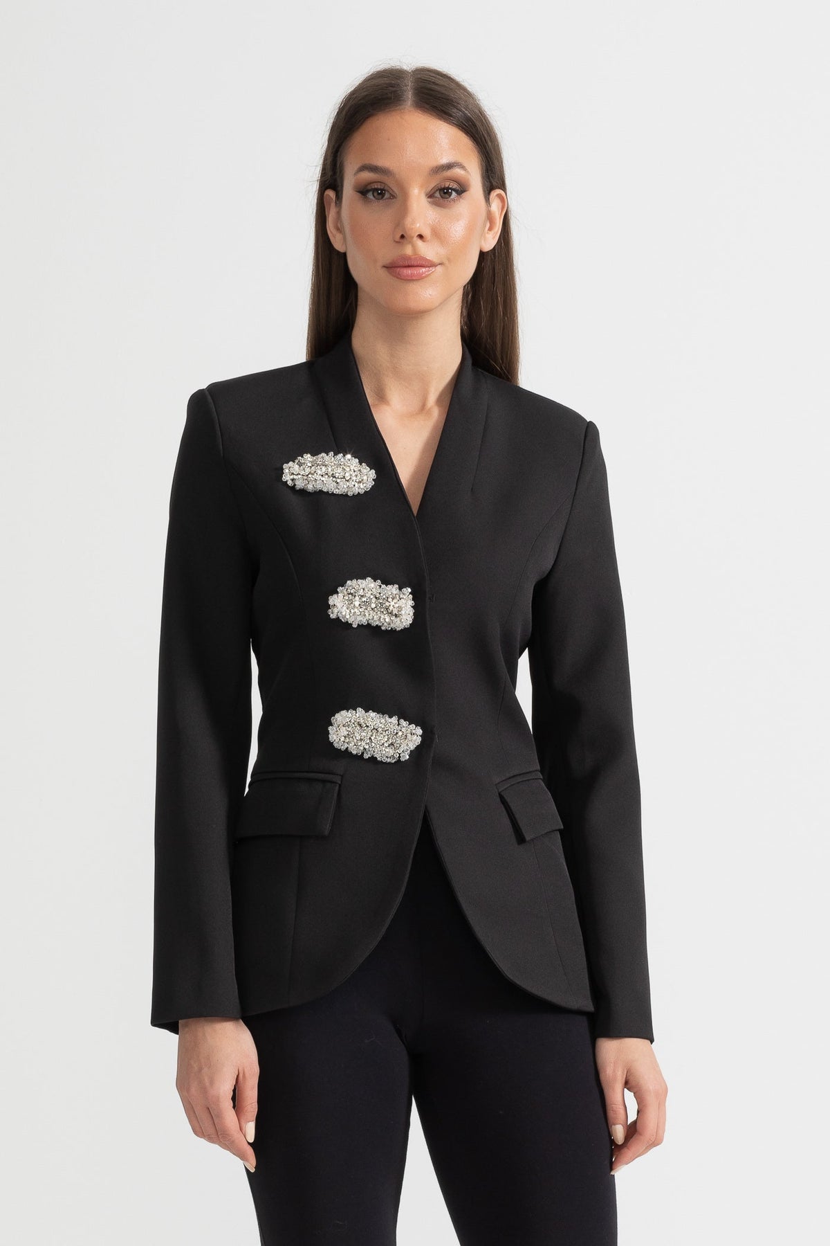 Tailored Blazer With Structured Shoulders And Silver Floral Clasps - Black