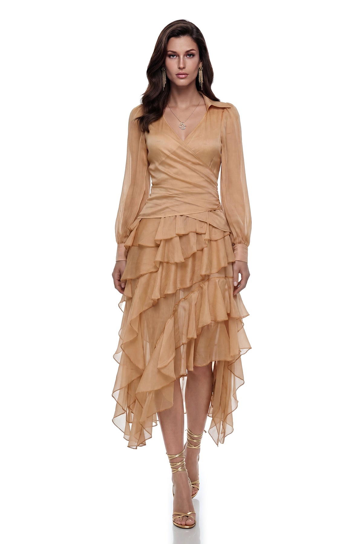 Maja Brown Cross Front Blouse & Tiered Skirt Set