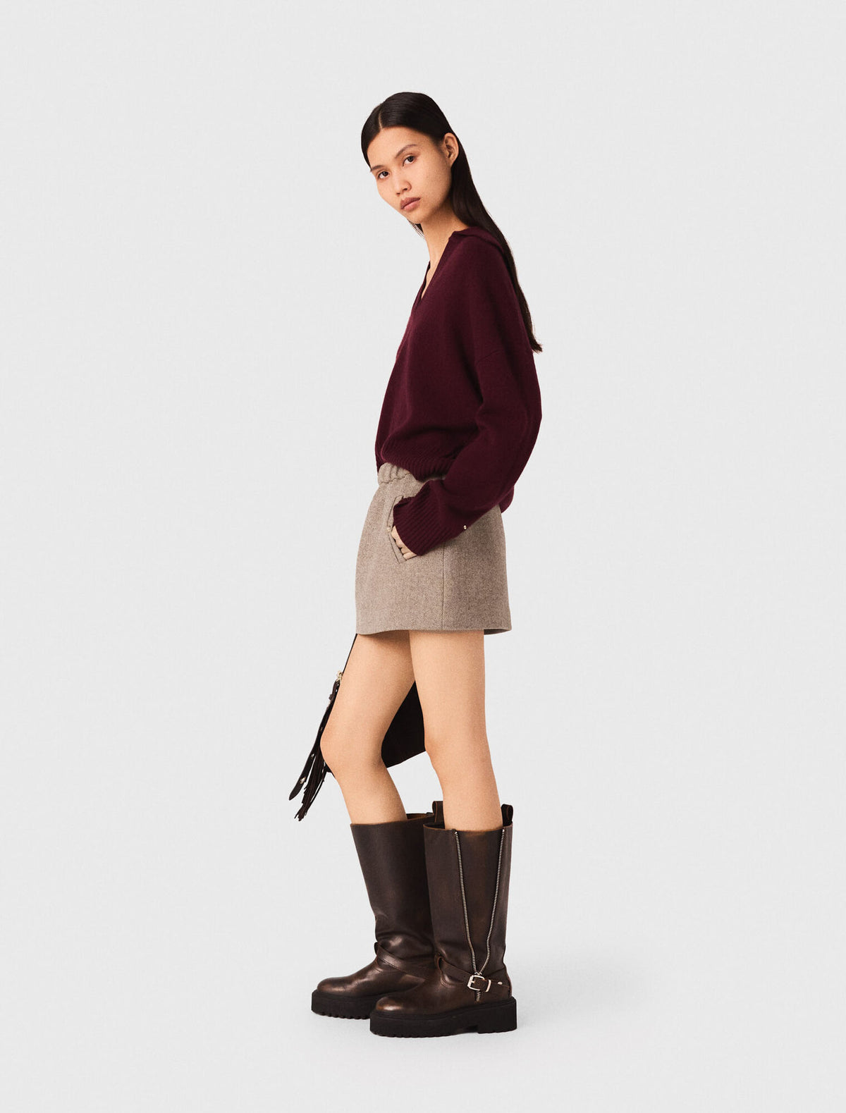 MADDY VIVIENNE BEIGE MIXED WOOL MINI SKIRT WITH FLAP POCKETS AND GOLD BUTTONS - BEIGE