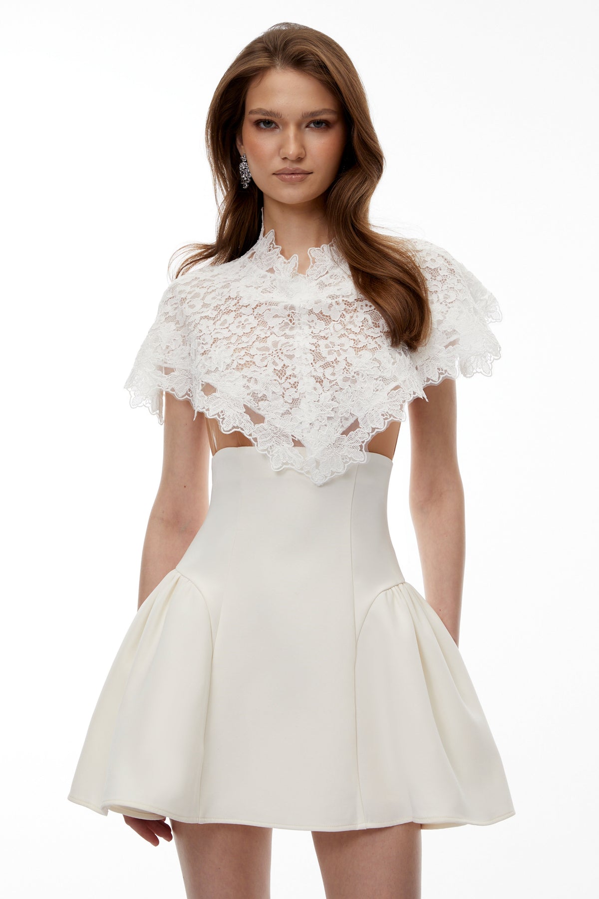Mandana White Lace Mini Dress with Cape