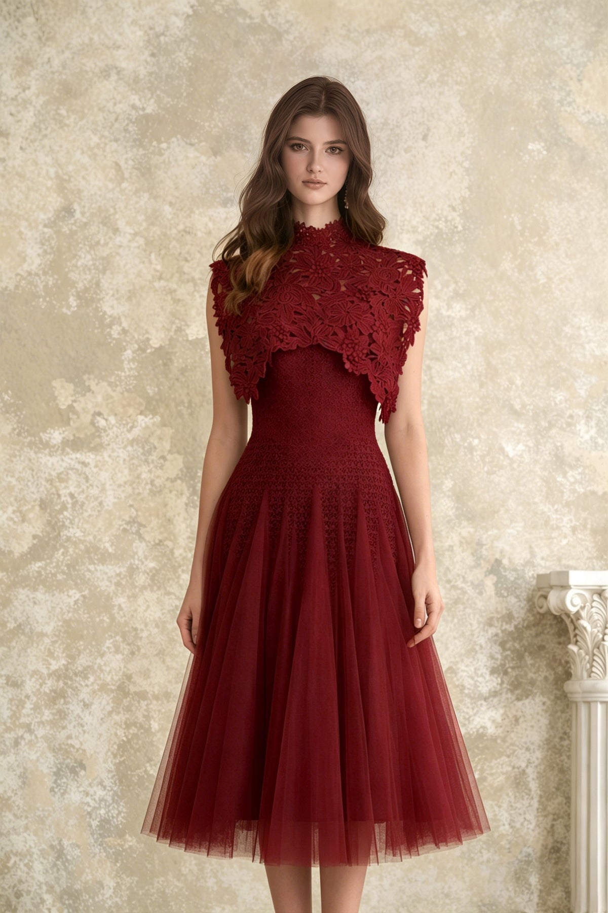 Margaret Red Floral Crochet Midi Dress