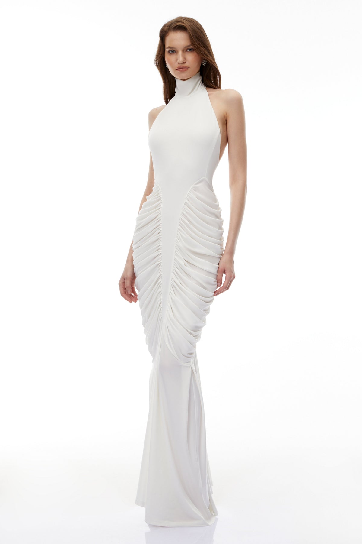 Marhuma White Backless Ruched Maxi Dress
