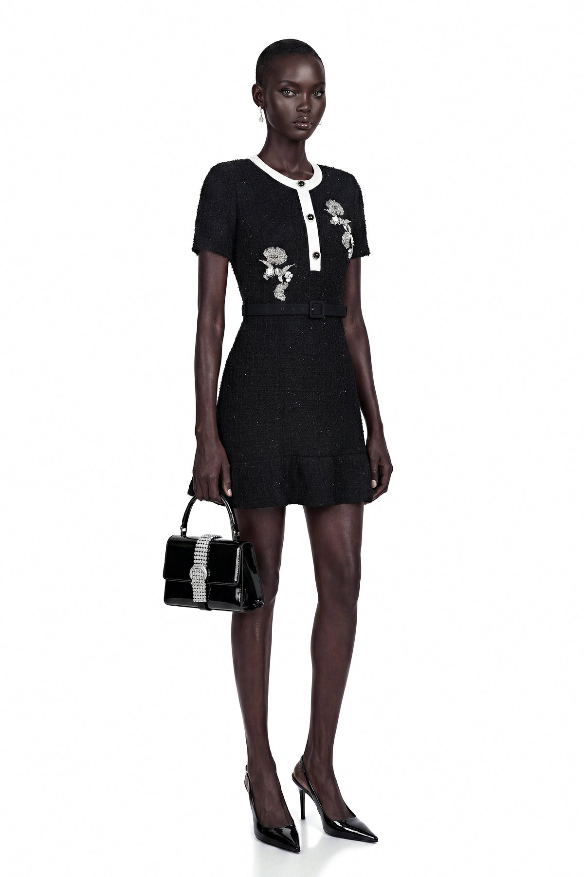 Marianne Black Sequin Embroidered Knit Mini Dress