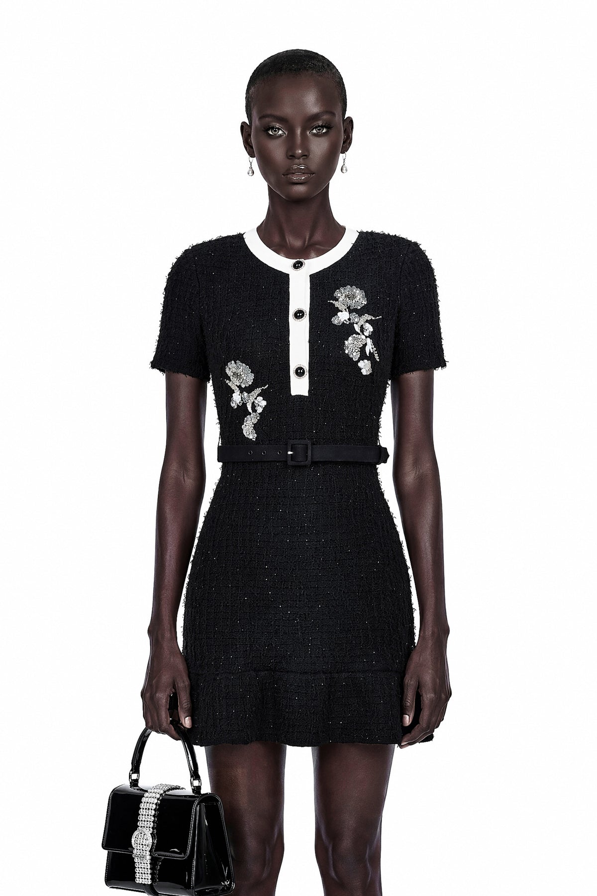 Marianne Black Sequin Embroidered Knit Mini Dress