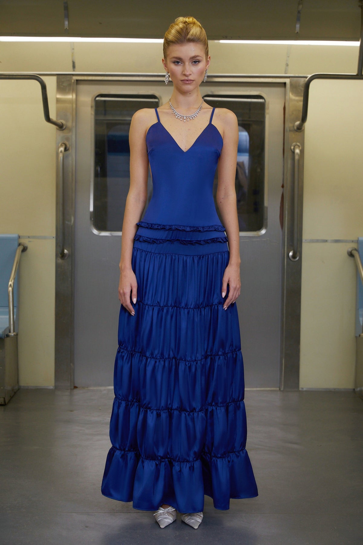 Martina Blue Open Back Tiered Maxi Dress