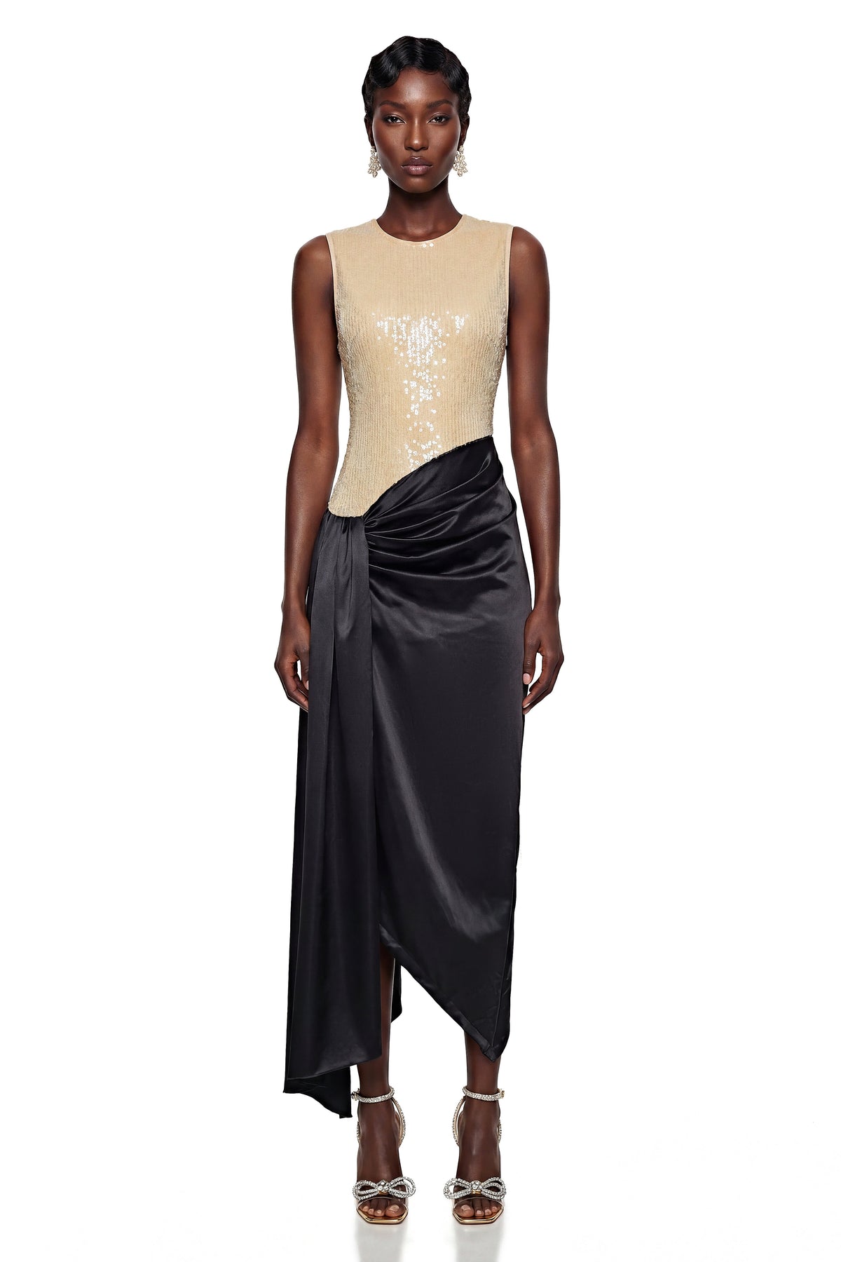 Olivia Cream Sequin Asymmetrical Ruched Maxi Dress