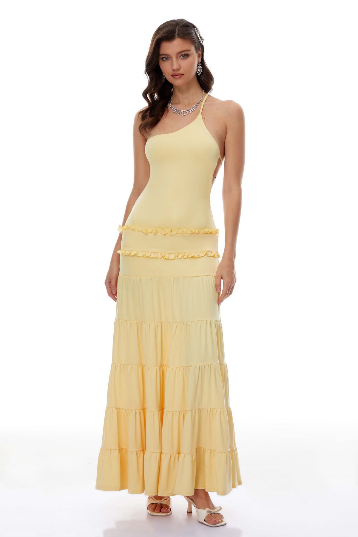 Martina Yellow One Shoulder Tiered Maxi Dress
