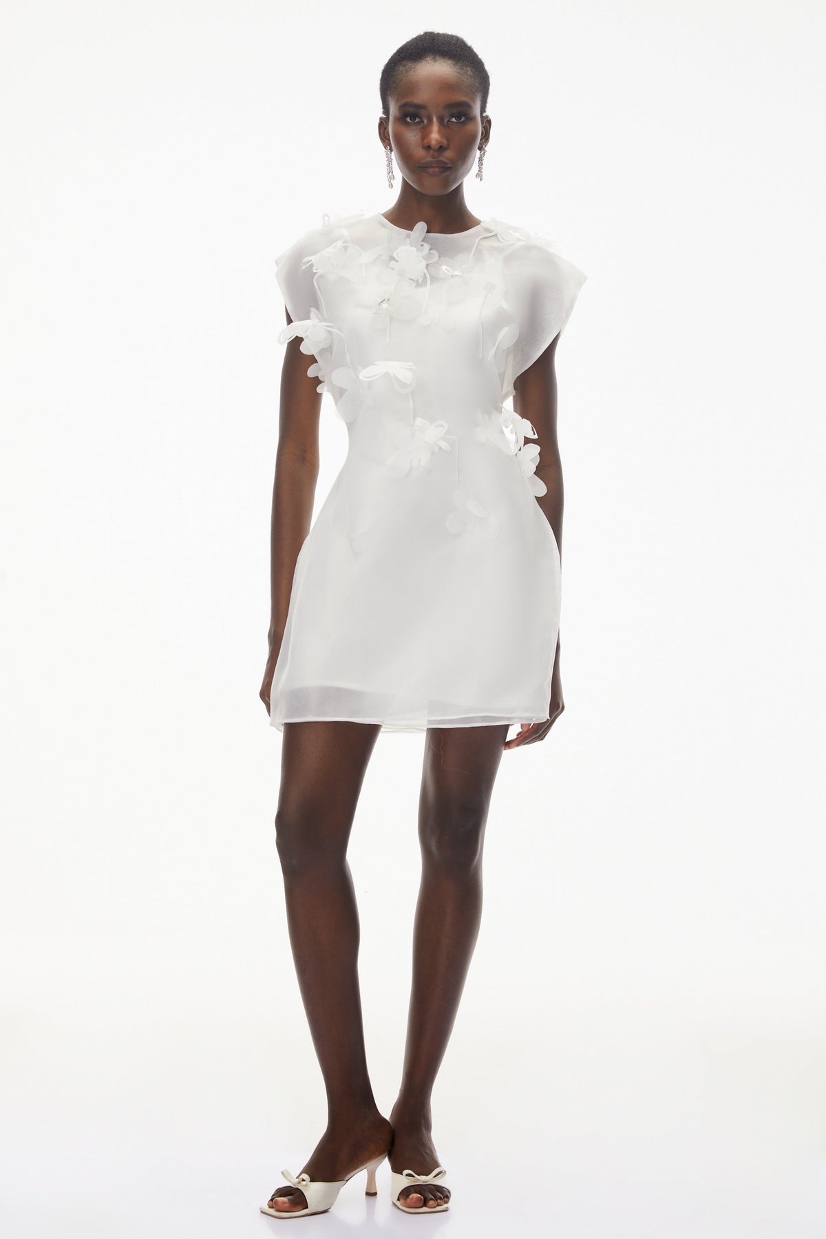 Maryam White Chiffon Mini Dress with 3D Petals
