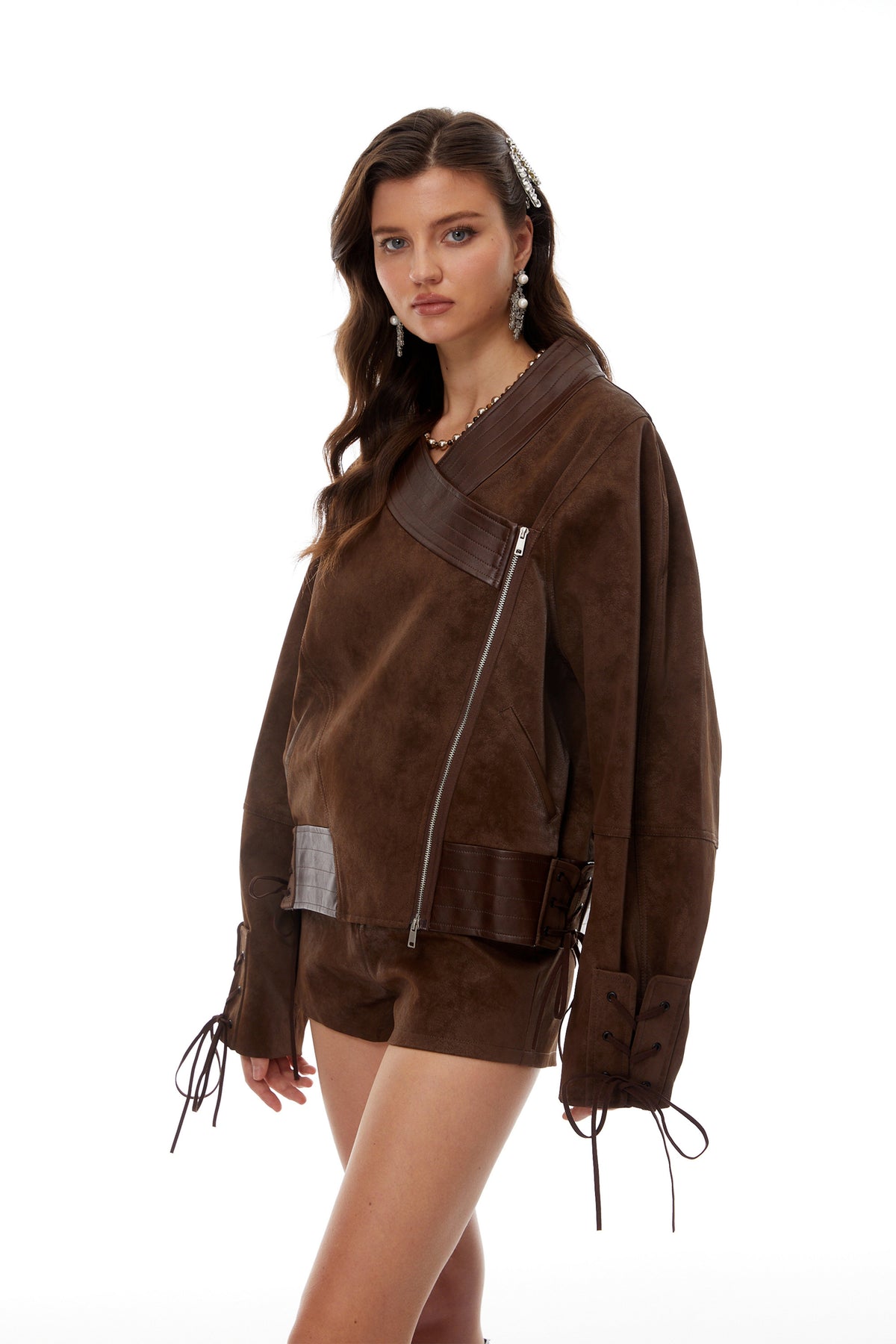 Mélanie Brown Suede Jacket & Shorts Set