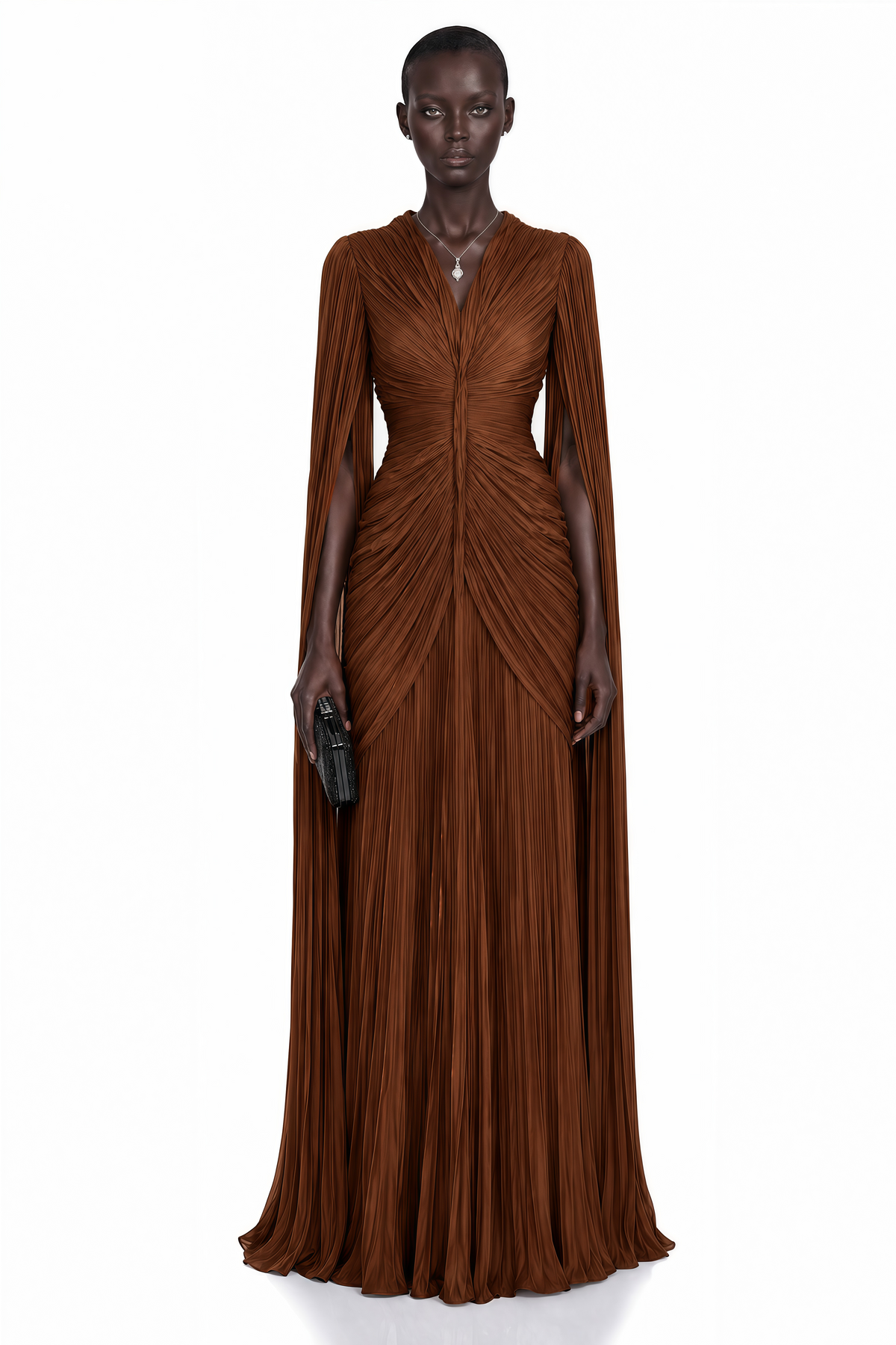 Merve Rust Brown Draped Ruched Maxi Dress