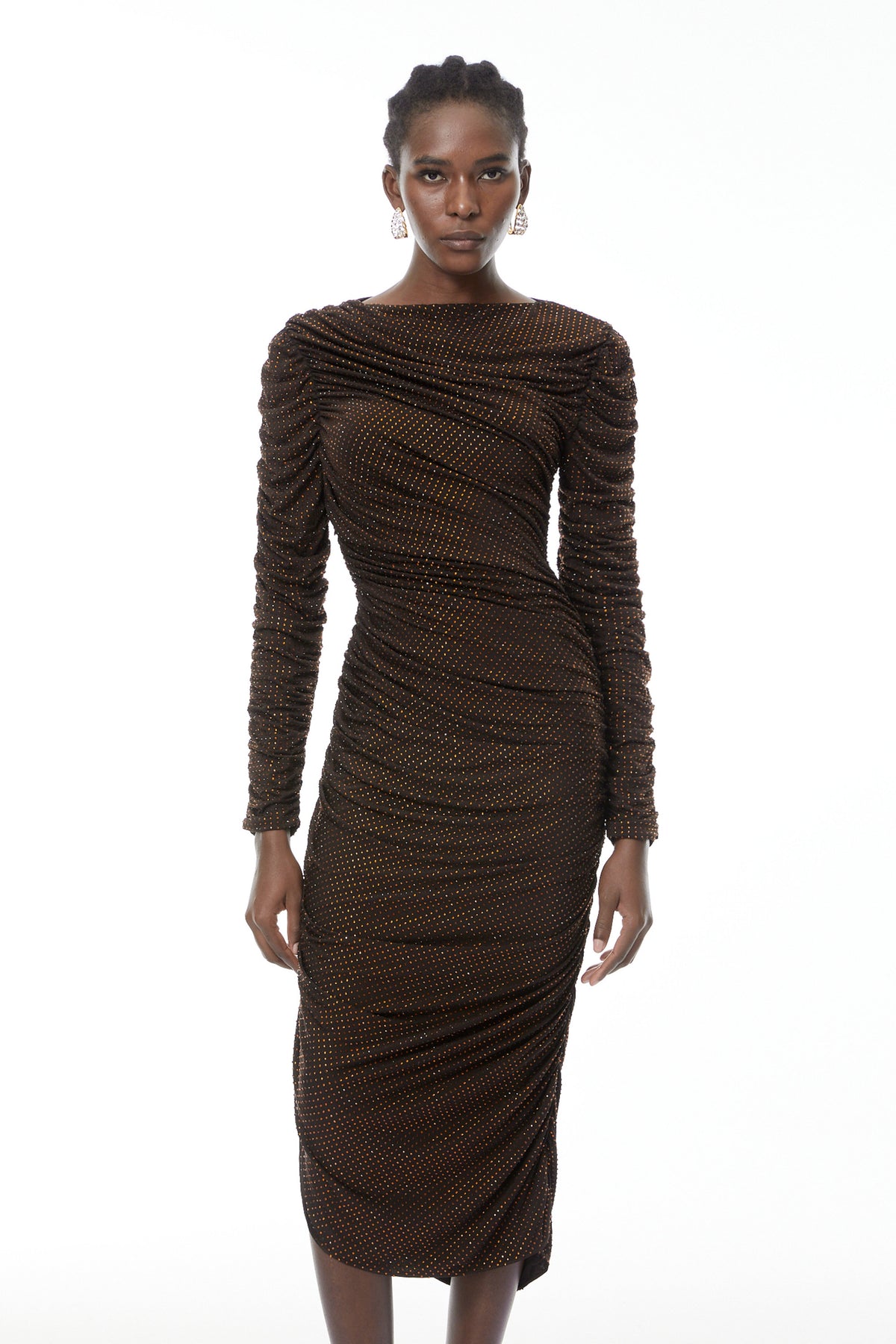 Mia Chocolate Brown Rhinestone Midi Dress