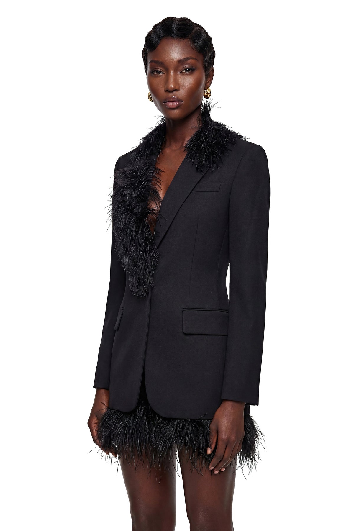 Michaela Black Blazer with Feather Trim