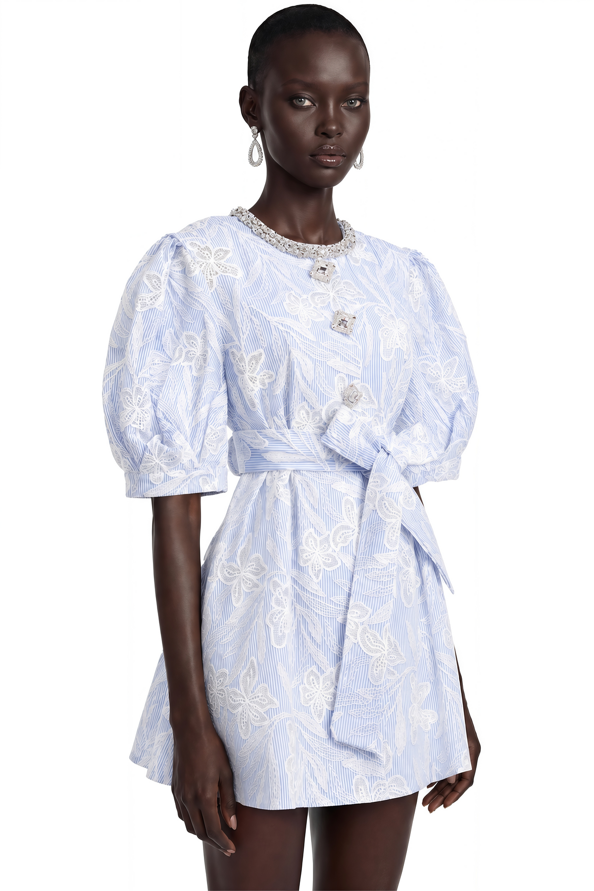Minnie Light Blue Lace Mini Dress with Floral Embroidery