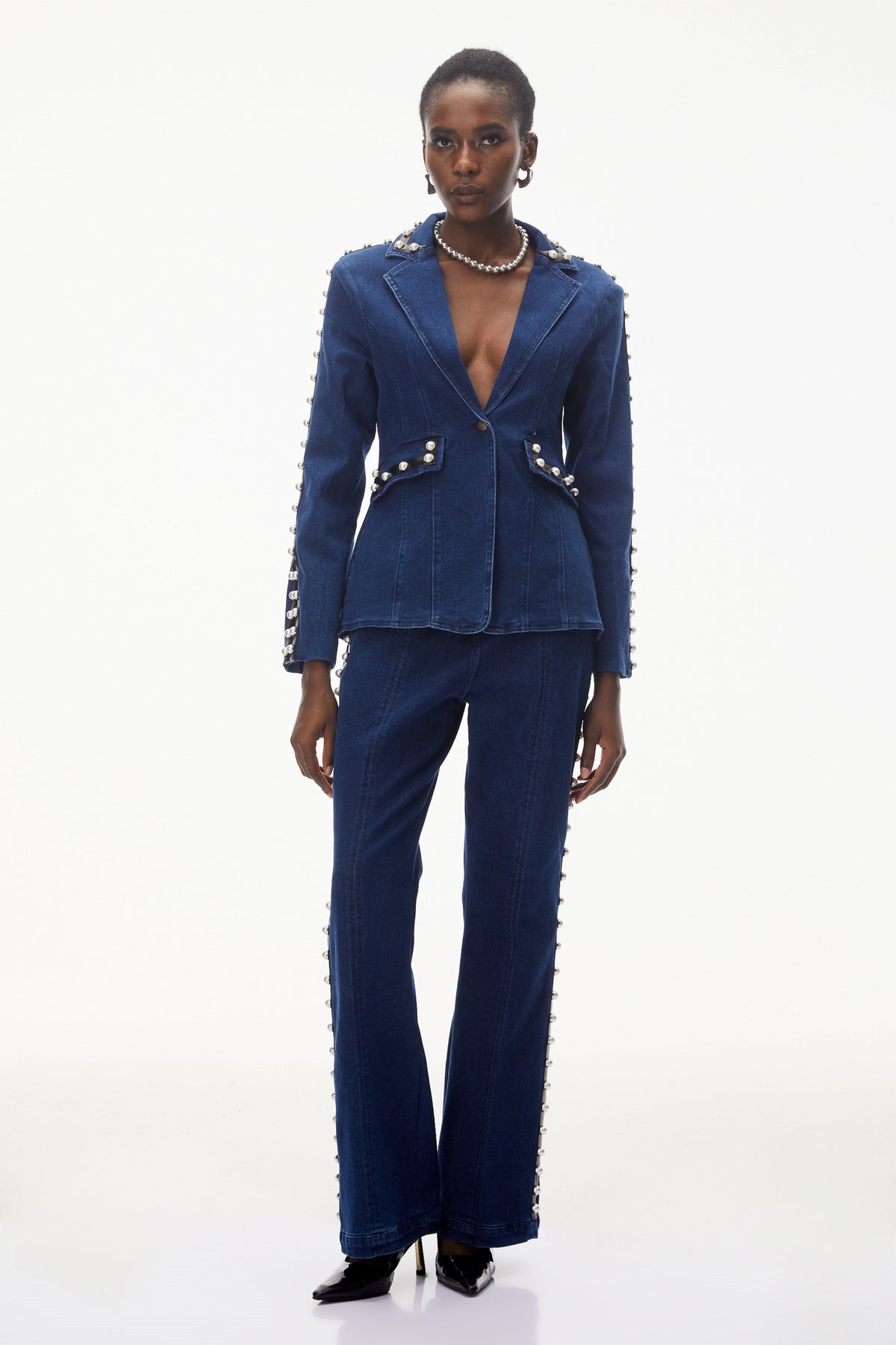 Morgause Blue Embellished Denim Jacket & Trouser Set