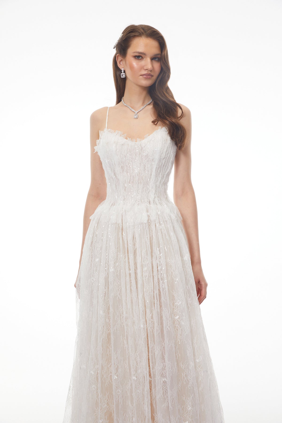 Nadir White Pleated Lace Maxi Dress