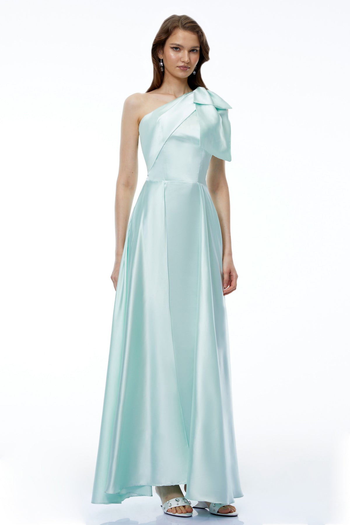 Natalia Green One Shoulder Ruched Maxi Dress with Bow