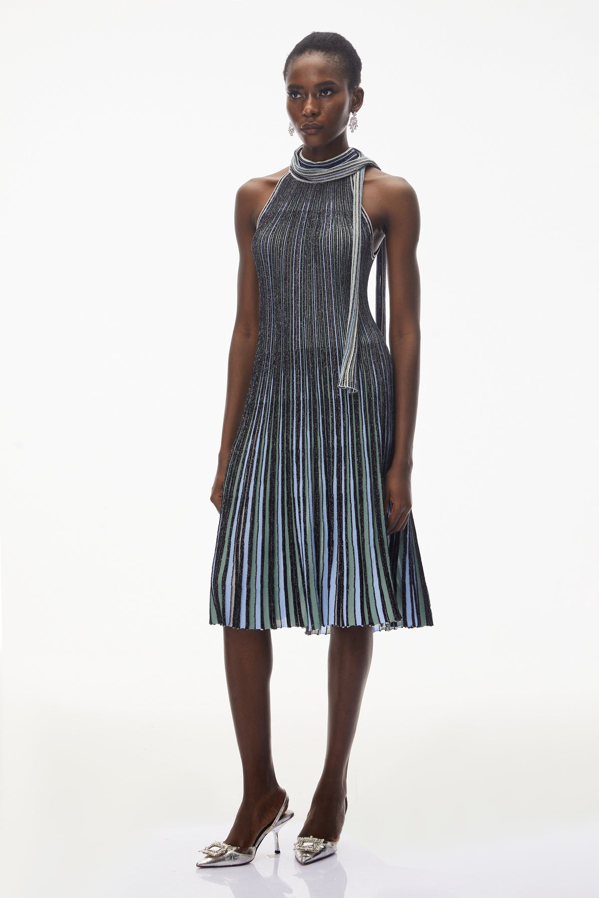 Nausicaa Navy Blue Metallic Striped Knit Midi Dress