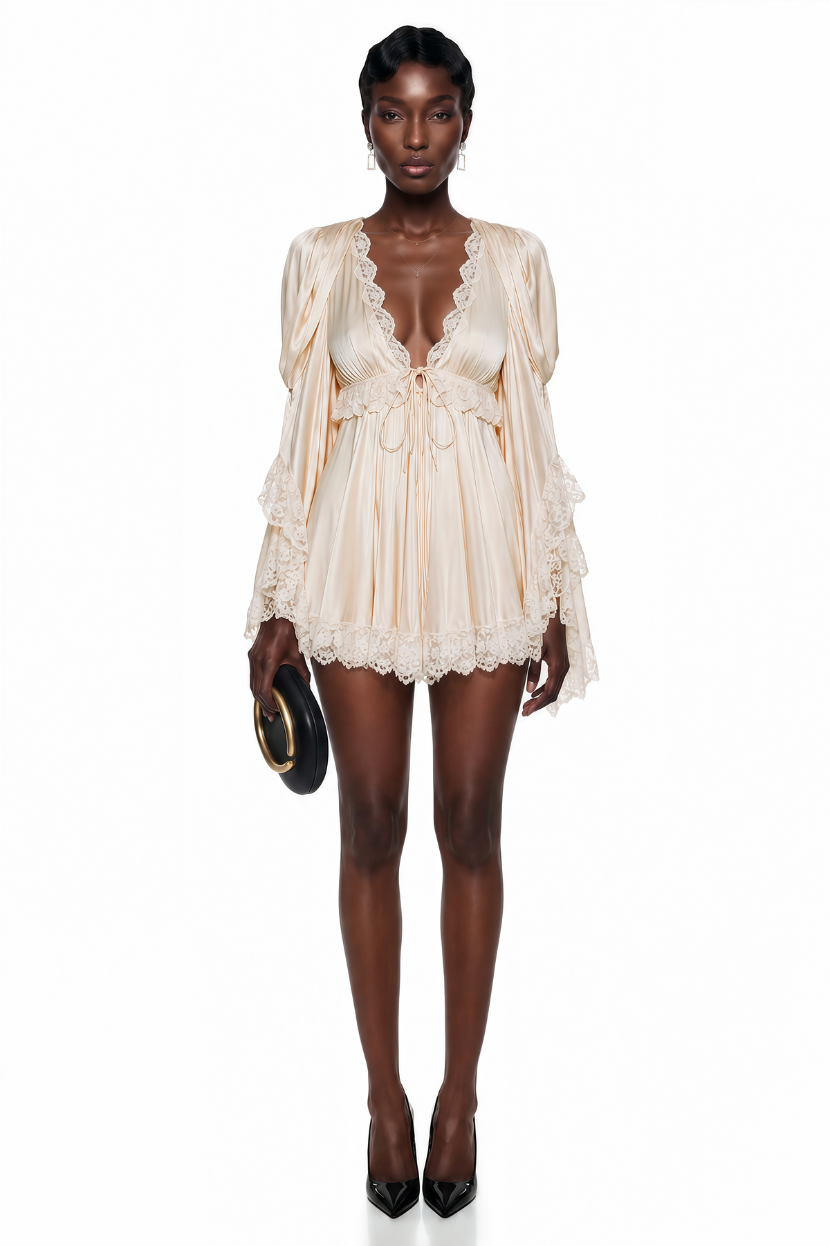 Ngawai Champagne Sweetheart Mini Dress with Lace Trim