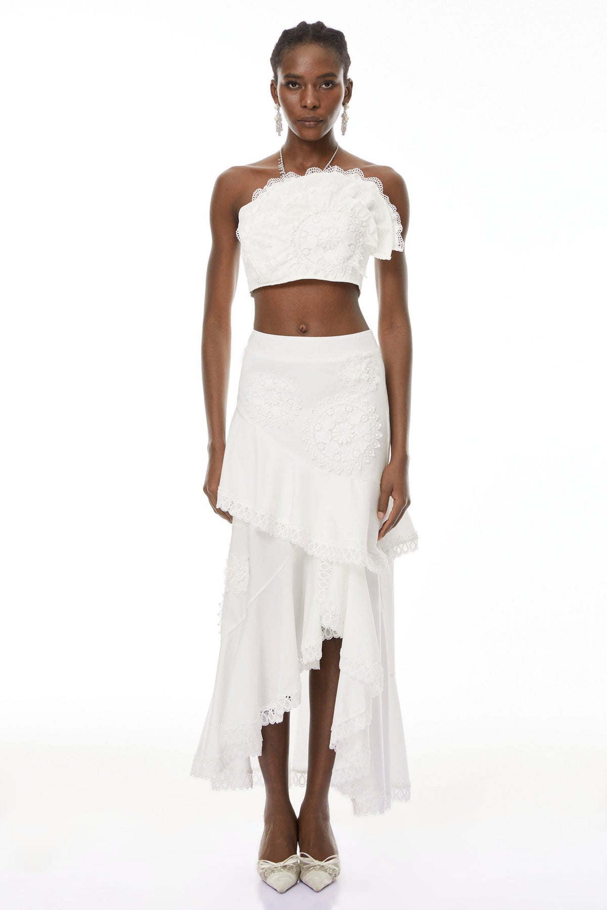 Nonhle White Floral Appliqué Top & Skirt Set