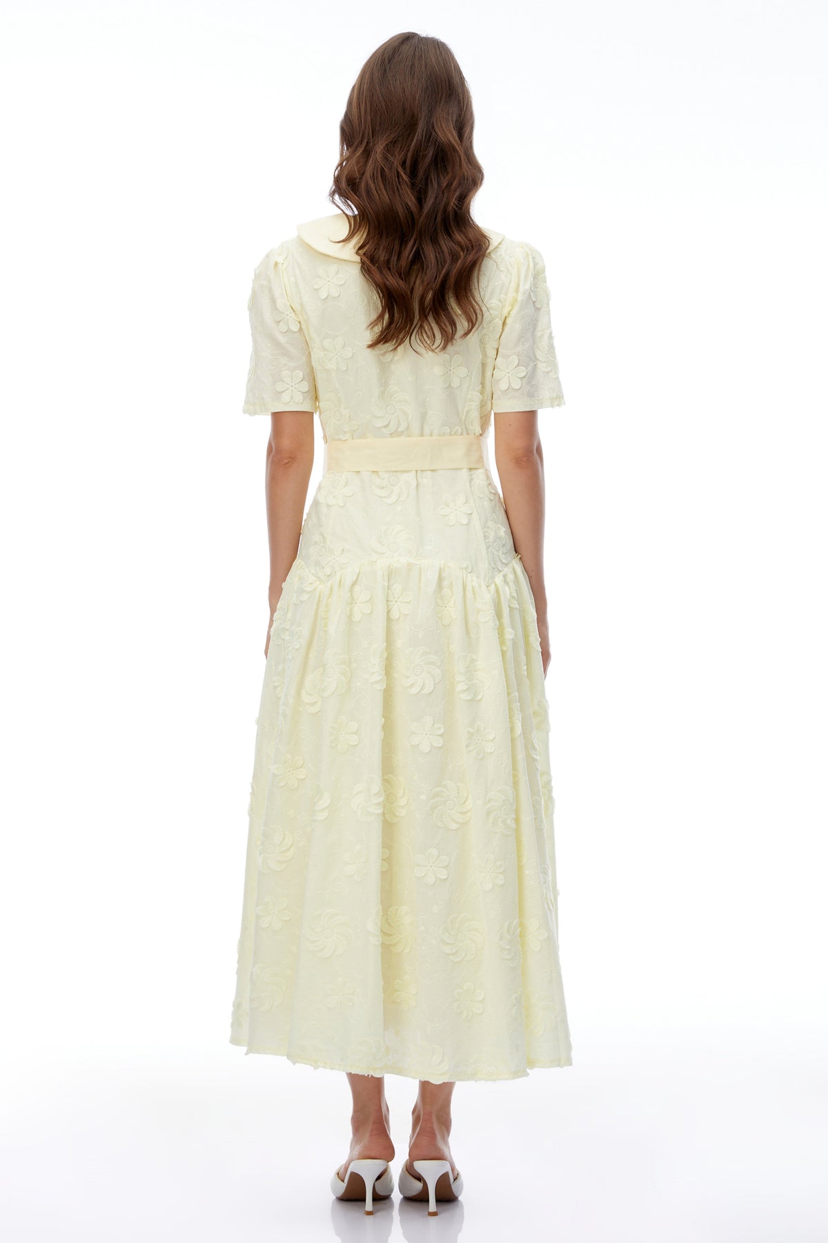 Norma Pale Yellow Pleated Maxi Dress with Lapel Collar