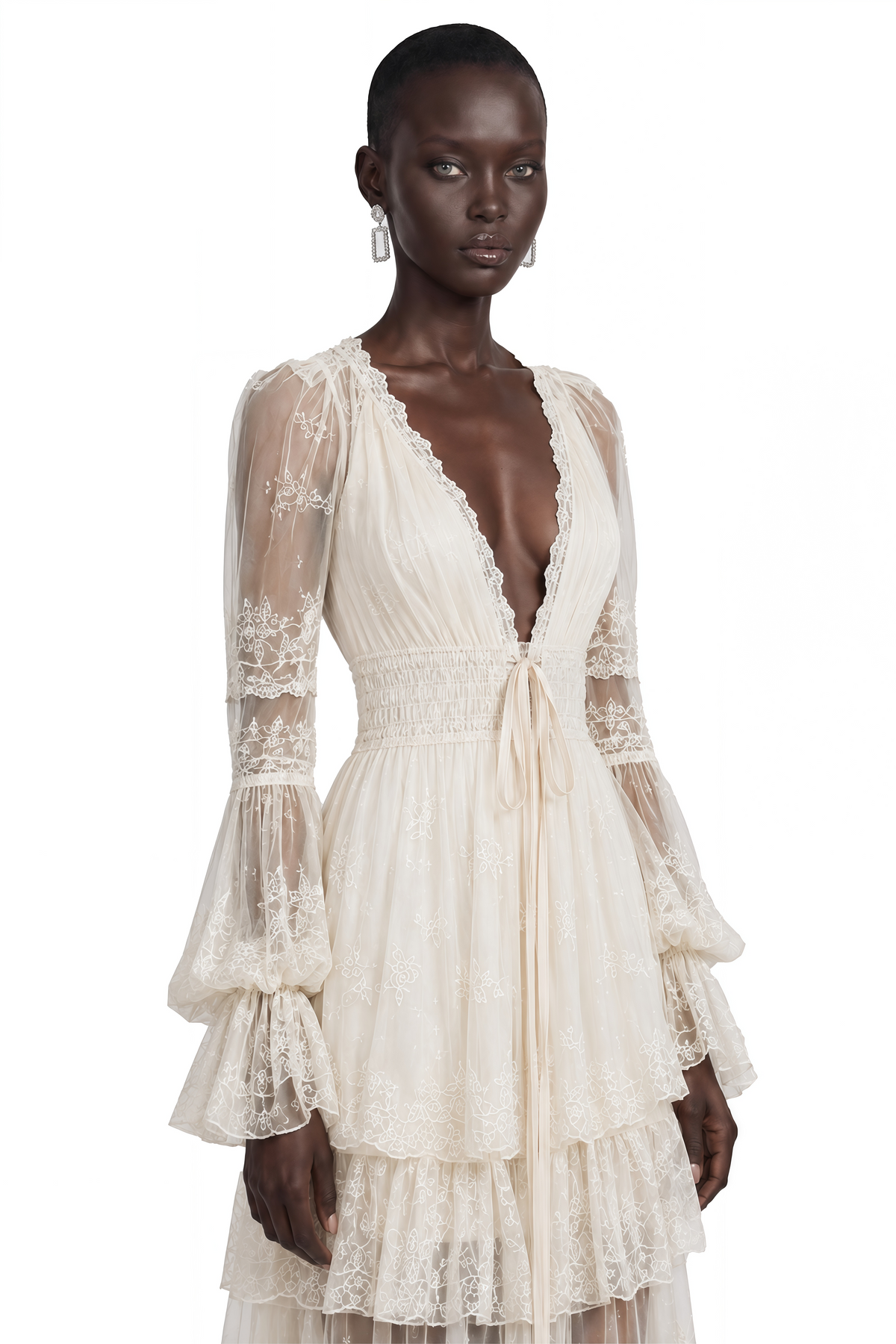 Ocean Cream Lace Ruffled Maxi Dress