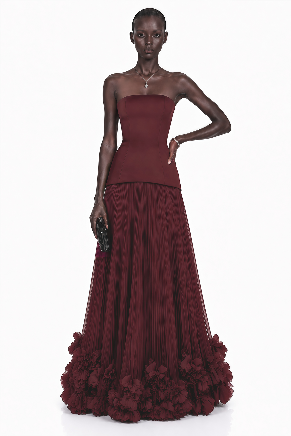 Océane Burgundy Off Shoulder Pleated Maxi Dress with 3D Florals