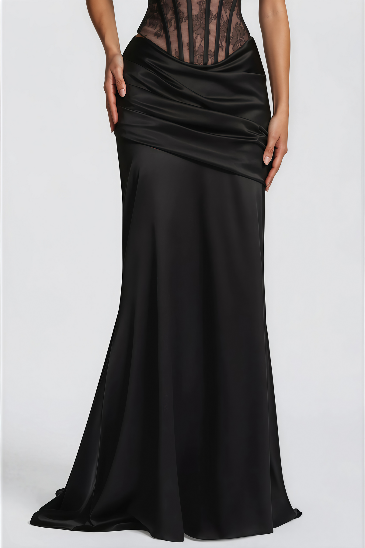 Olesya Black Lace Top & Ruched Skirt Set