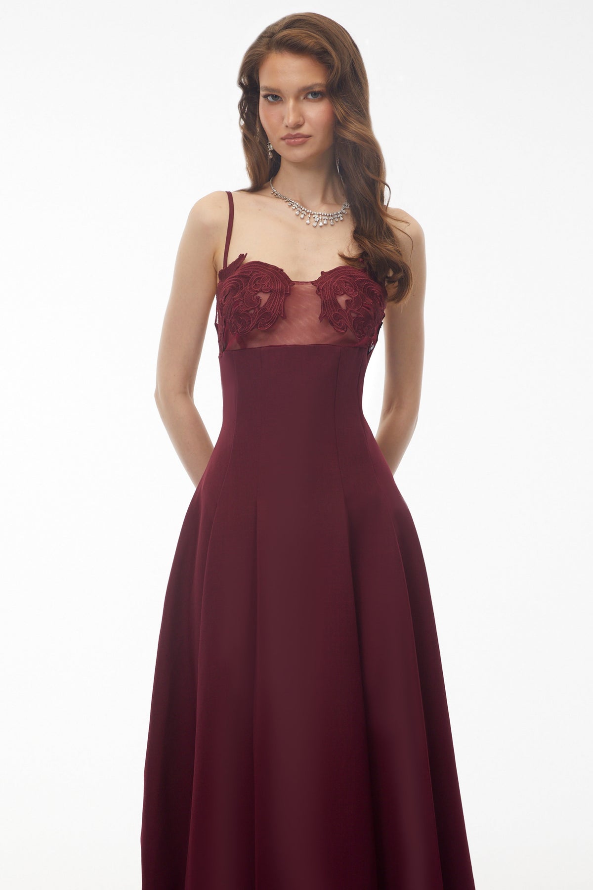 Olesya Burgundy Floral Embroidered Maxi Dress