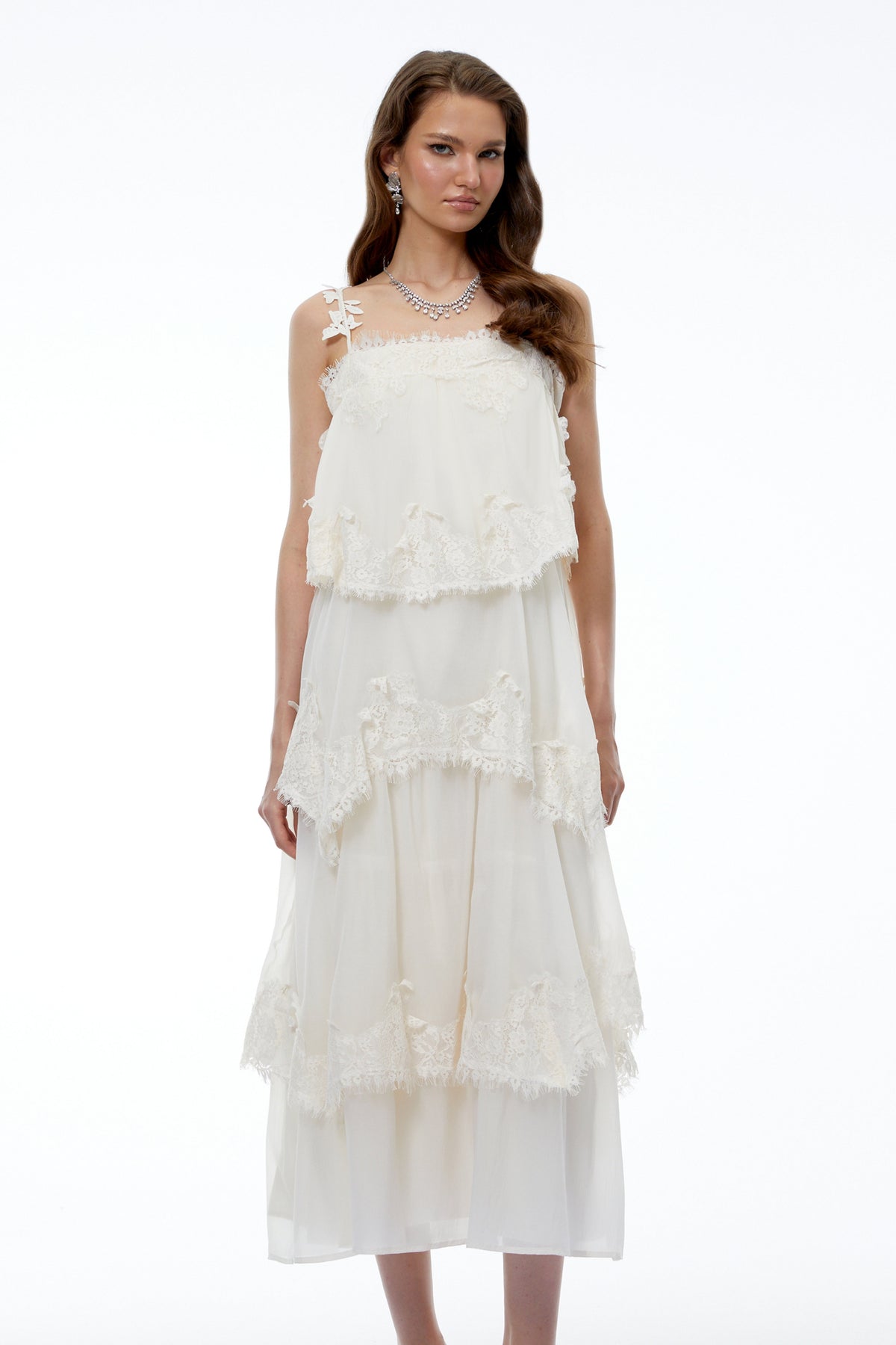 Olivia Neutral 3D Floral Applique Tiered Lace Midi Dress