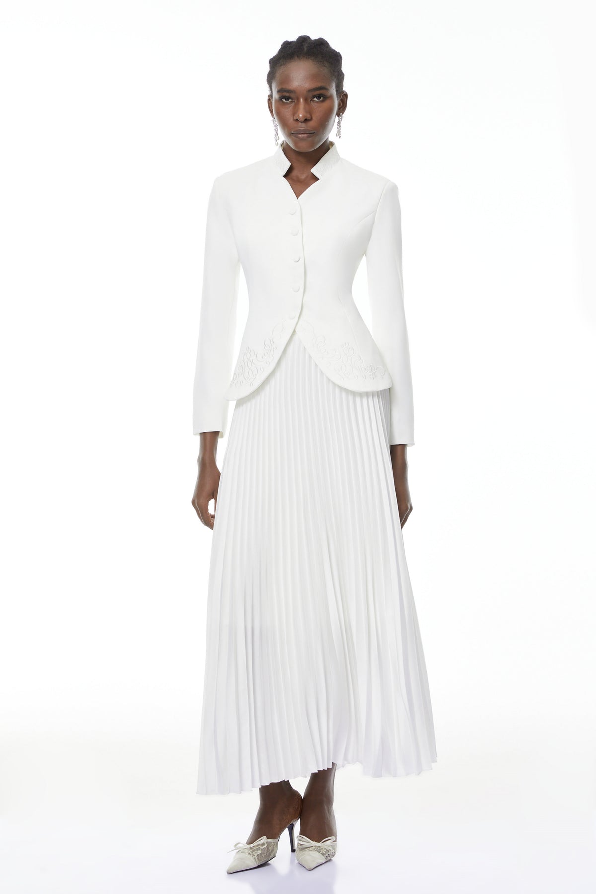 Olivia White Floral Embroidered Blazer & Pleated Skirt Set