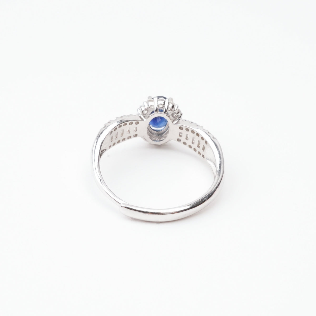 Olympe Blue Sapphire Oval Cut Halo Baguette Crystal Sterling Silver Ring