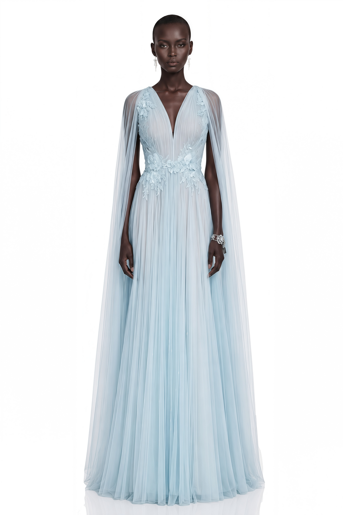 Ophelia Ice Blue Mesh Ruched Maxi Dress with Cape