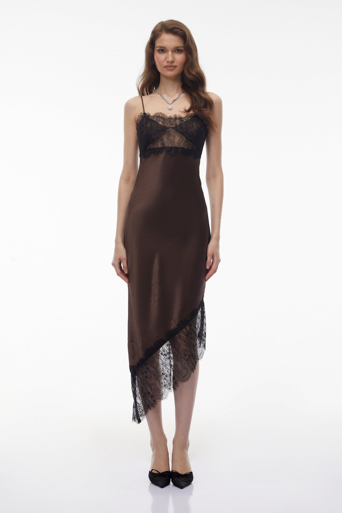 Orli Brown Satin Maxi Dress with Lace Panels