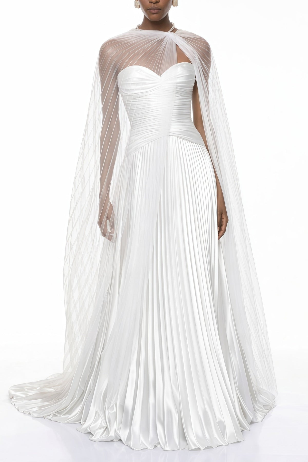 Palesa White Pleated Glossy Maxi Dress & Cape Set (Final Sale-US Only)