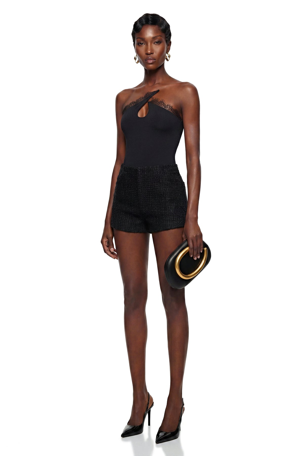 Paula Black Lace Trim Asymmetrical Bodysuit