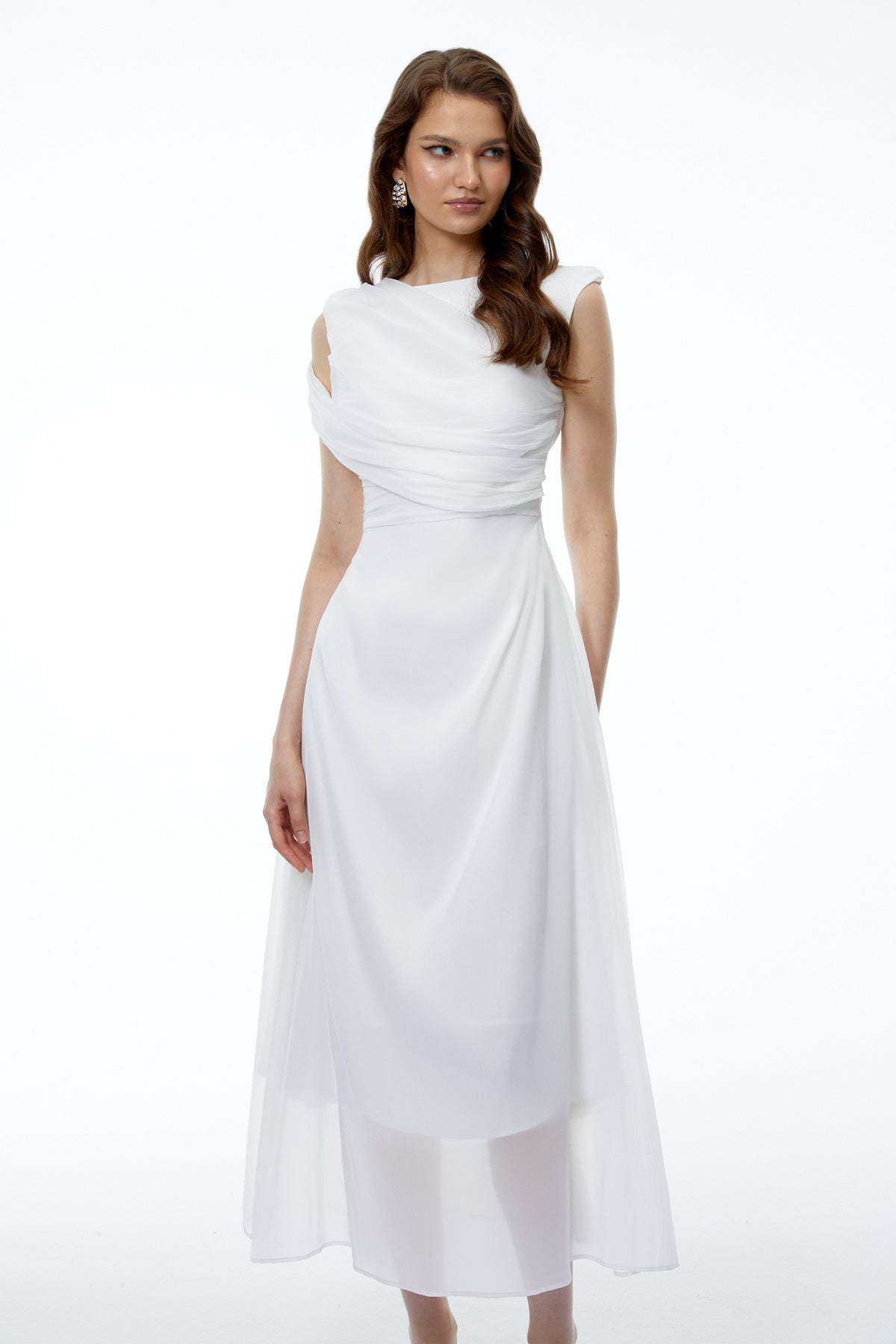 Penelope White Asymmetrical Sleeveless Maxi Dress