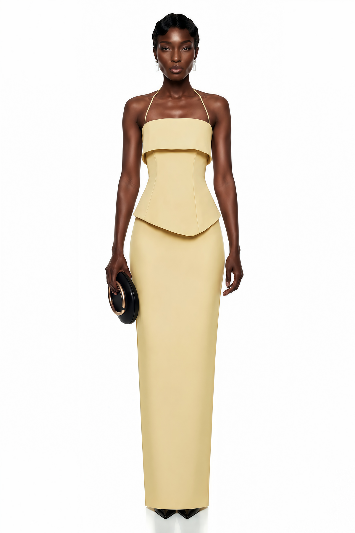 Penelope Yellow Halterneck Peplum Top & Skirt Set