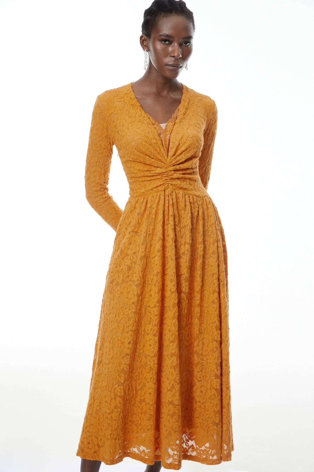 Posie Yellow Floral Lace Ruched Maxi Dress (Final Sale)