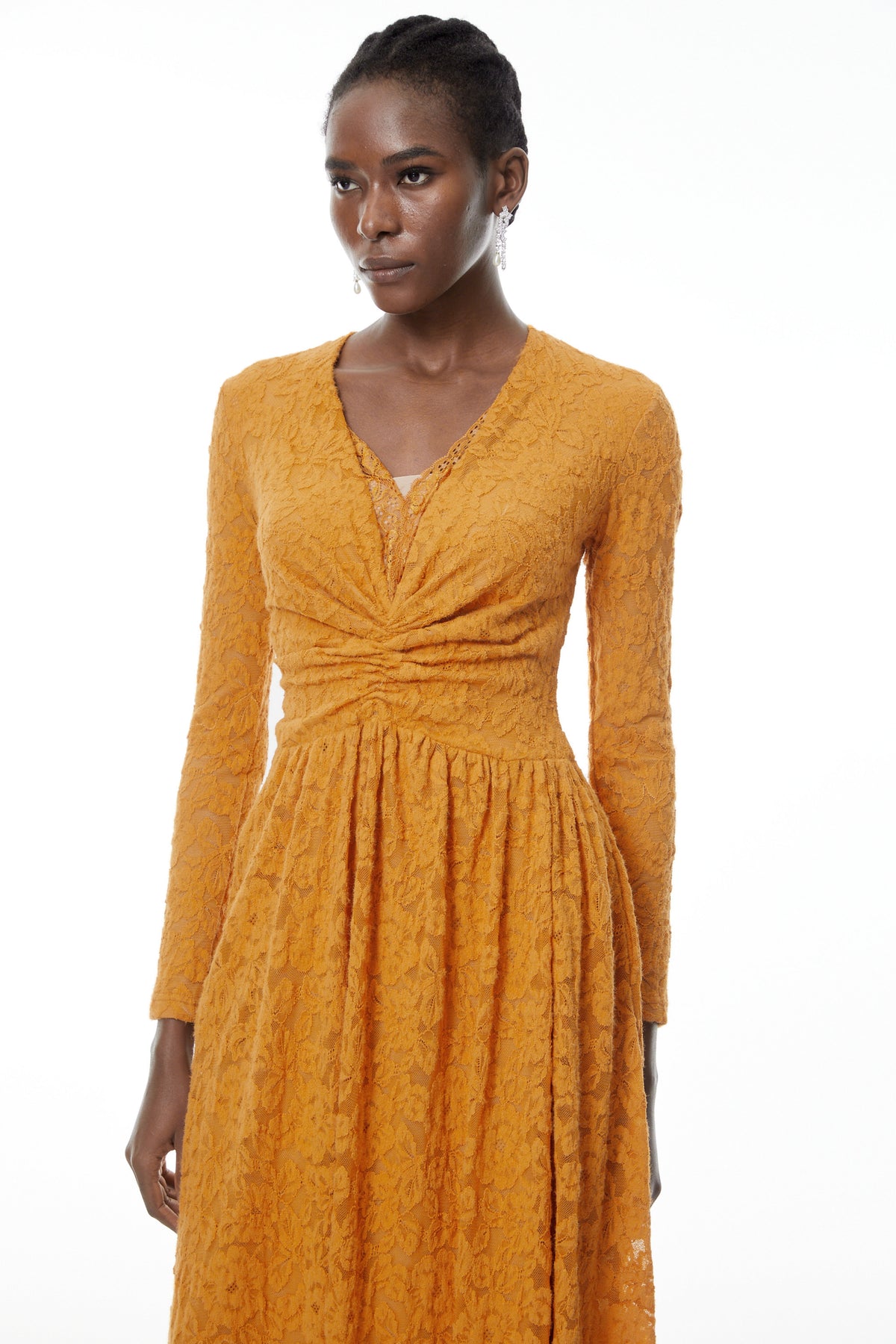 Posie Yellow Floral Lace Ruched Maxi Dress (Final Sale)