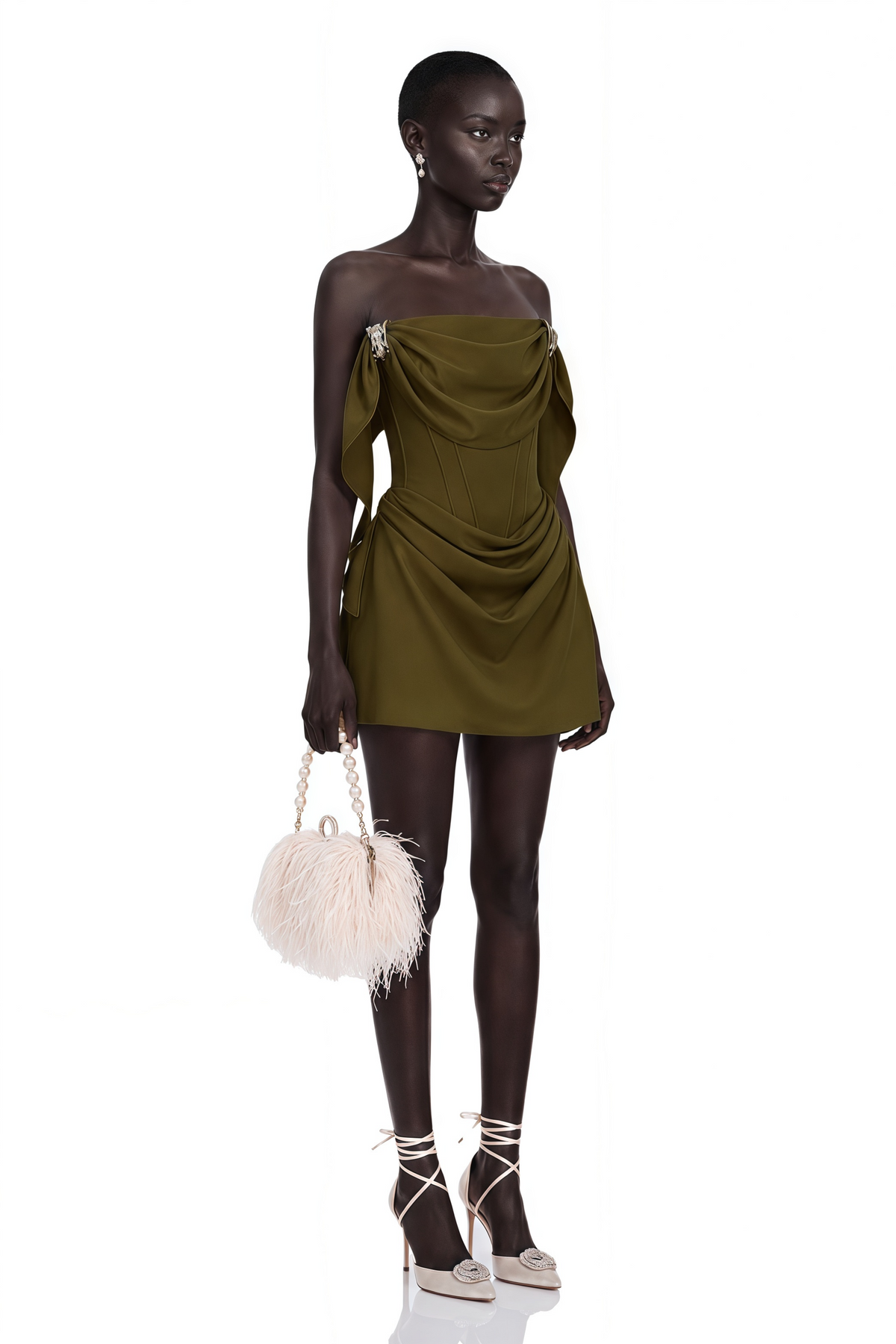 Prune Olive Green Ruched Mini Dress with Metal Hardware